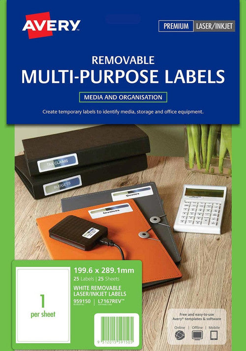Avery White Removable Labels L7167REV 25 Pack 199.6 x 289.1mm 1UP