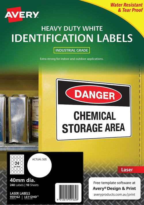 Avery White Round Heavy Duty Multi-Purpose Labels L6112HD 240 Pack 40mm Diameter 24UP