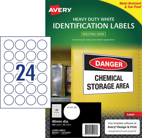 Avery White Round Heavy Duty Multi-Purpose Labels L6112HD 240 Pack 40mm Diameter 24UP