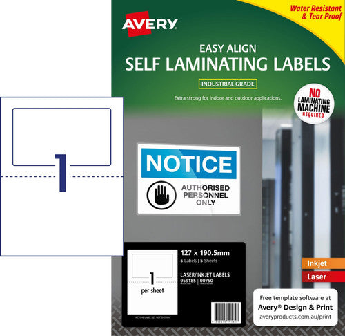Avery Self Laminating Labels 00750 5 Pack 127 x 190.5mm Laser Inkjet White