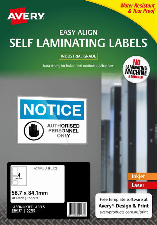 Avery Self Laminating Labels 00752 5 Pack 58.7 x 84.1mm Laser Inkjet White