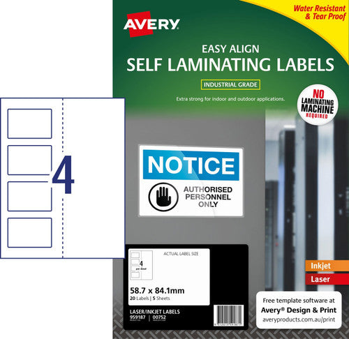 Avery Self Laminating Labels 00752 5 Pack 58.7 x 84.1mm Laser Inkjet White