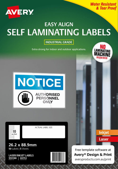 Avery Self Laminating Labels 00753 5 Pack 26.2 x 88.9mm Laser Inkjet White