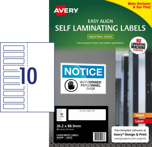 Avery Self Laminating Labels 00753 5 Pack 26.2 x 88.9mm Laser Inkjet White