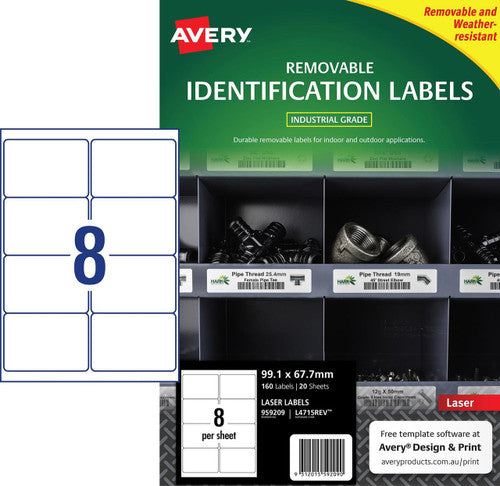 Avery Removable White Heavy Duty Labels 99.1 x 67.7mm 20 Pack 8 per Sheet