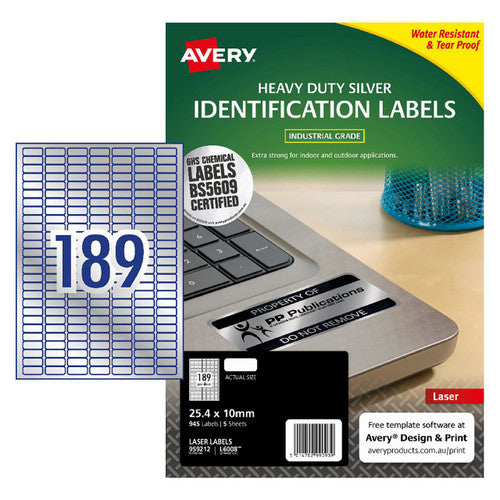 Avery Silver Heavy Duty Labels L6008 945 Pack 25.4 x 10mm 189UP
