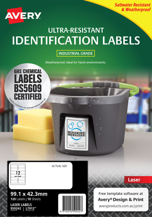 Avery Ultra-Resistant Chemical Grade Labels 99.1 x 42.3mm Laser Extra Strong Permanent 120 Labels 10 Sheets 12UP