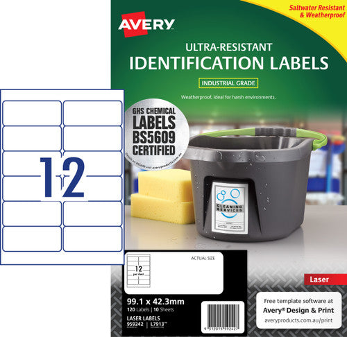 Avery Ultra-Resistant Chemical Grade Labels 99.1 x 42.3mm Laser Extra Strong Permanent 120 Labels 10 Sheets 12UP