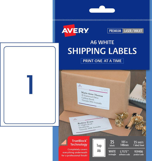 Avery Internet Shipping Labels A6 L7175 25 Pack 105mm x 148mm 1UP