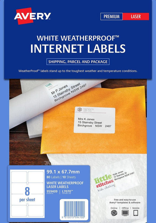 Avery White Weatherproof Shipping Labels L7070 80 Labels 8UP