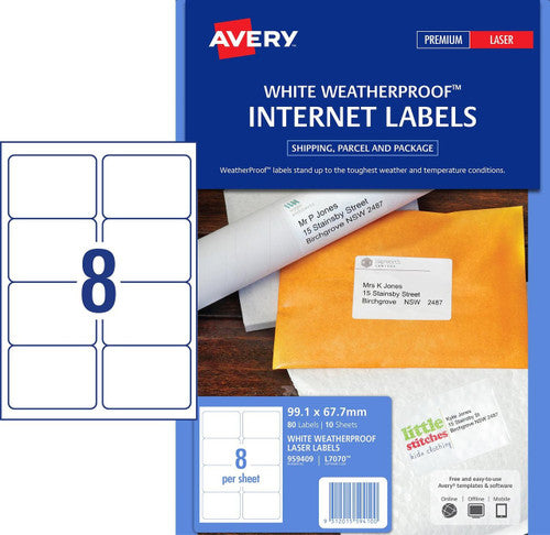 Avery White Weatherproof Shipping Labels L7070 80 Labels 8UP