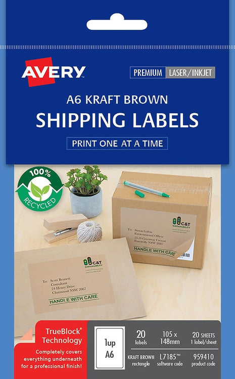 Avery Brown Kraft TrueBlock Shipping Labels A6 L7185 20 Pack 105 x 148mm 1UP
