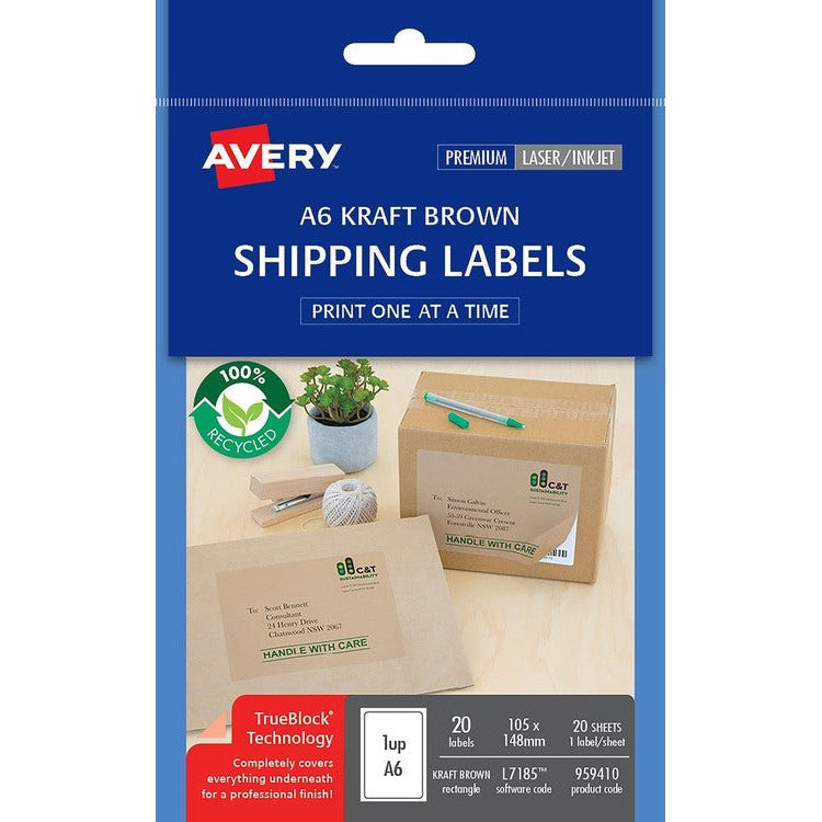 Avery Brown Kraft TrueBlock Shipping Labels A6 L7185 20 Pack 105 x 148mm 1UP