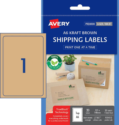 Avery Brown Kraft TrueBlock Shipping Labels A6 L7185 20 Pack 105 x 148mm 1UP