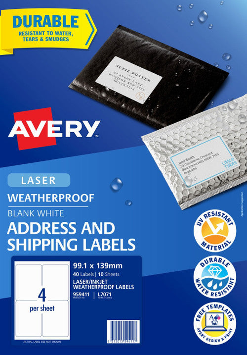 Avery Weatherproof Shipping Labels L7071 10 Pack 99.1 x 139mm Laser White