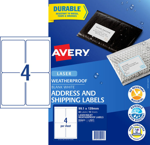 Avery Weatherproof Shipping Labels L7071 10 Pack 99.1 x 139mm Laser White