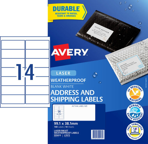 Avery Weatherproof Address Labels L7073 10 Pack 99.1 x 38.1mm Laser White
