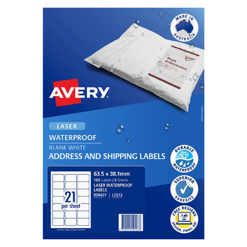 Avery White Waterproof Labels L7212 5 Pack 63.5 x 38.1mm 21UP
