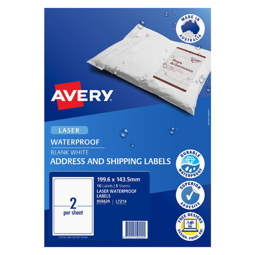 Avery White Waterproof Labels L7214 5 Pack 199.6 x 143.5mm 2UP