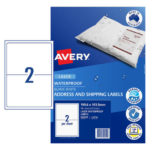 Avery White Waterproof Labels L7214 5 Pack 199.6 x 143.5mm 2UP