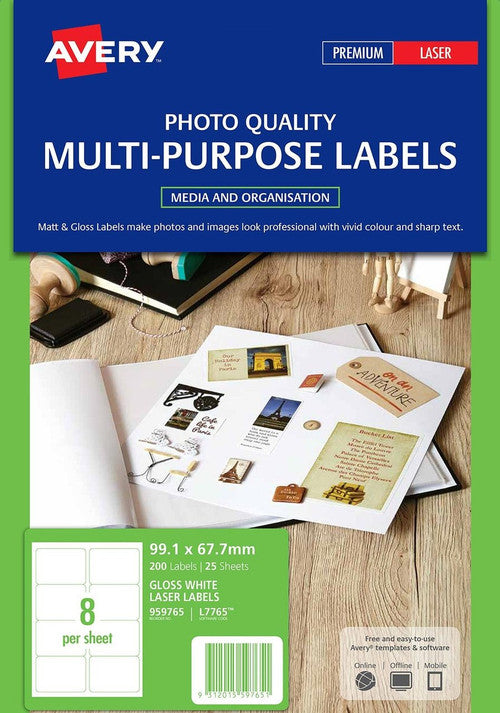 Avery Glossy White Photo Quality Labels L7765 200 Pack 99.1 x 67.7mm 8UP