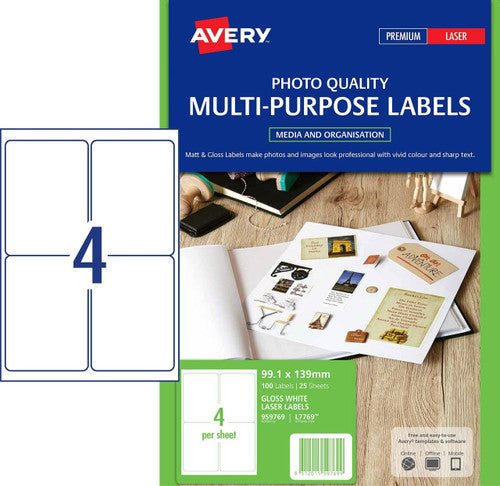 Avery Glossy White Photo Quality Labels L7769 100 Pack 99.1 x 139mm 4UP