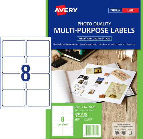 Avery Matt White Photo Quality Labels L7165CL 160 Pack 99.1 x 67.7mm 8UP
