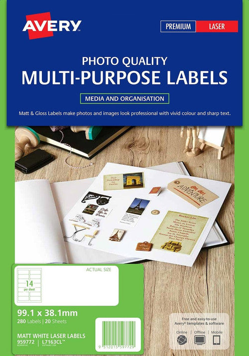 Avery Matt White Photo Quality Labels L7163CL 280 Pack 99.1 x 38.1mm 14UP