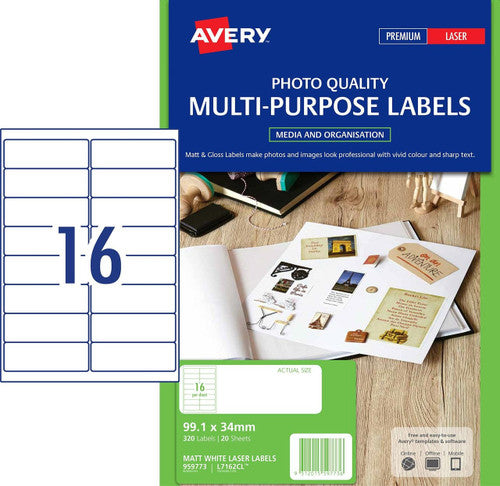 Avery Matt White Photo Quality Labels L7162CL 320 Pack 99.1 x 34mm 16UP