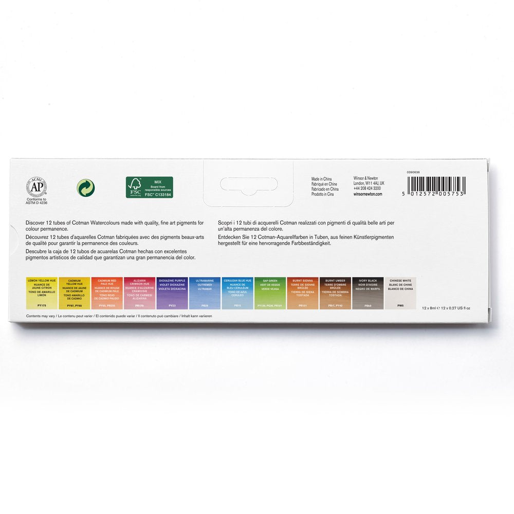 Back of the Winsor & Newton Cotman 12 tube collection box showing the twelve colour swatches, the 12 x 8ml contents line, the barcode and the Made in China line