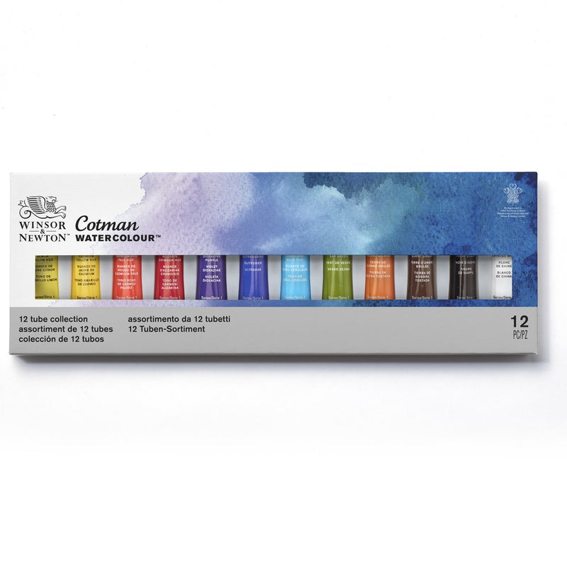 Current Winsor & Newton Cotman Watercolour 12 tube collection box with a window showing twelve coloured tube labels against a blue watercolour wash