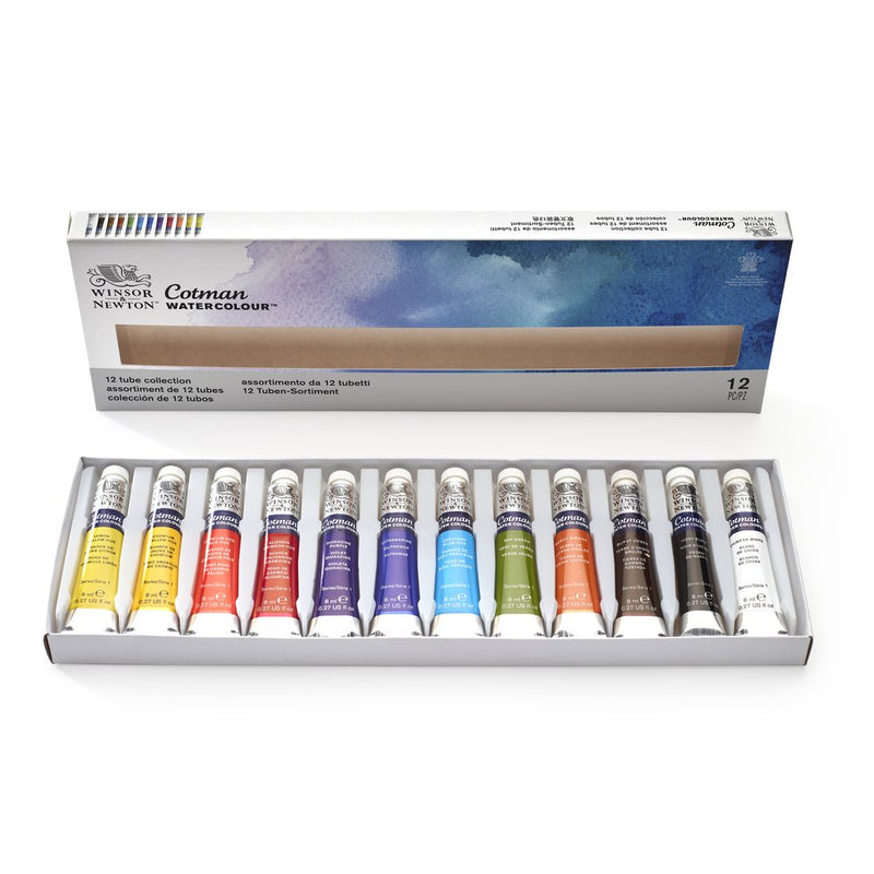 Winsor & Newton Cotman 12 tube collection open, twelve 8ml Cotman watercolour tubes from Lemon Yellow Hue to Chinese White in a white tray below the lid