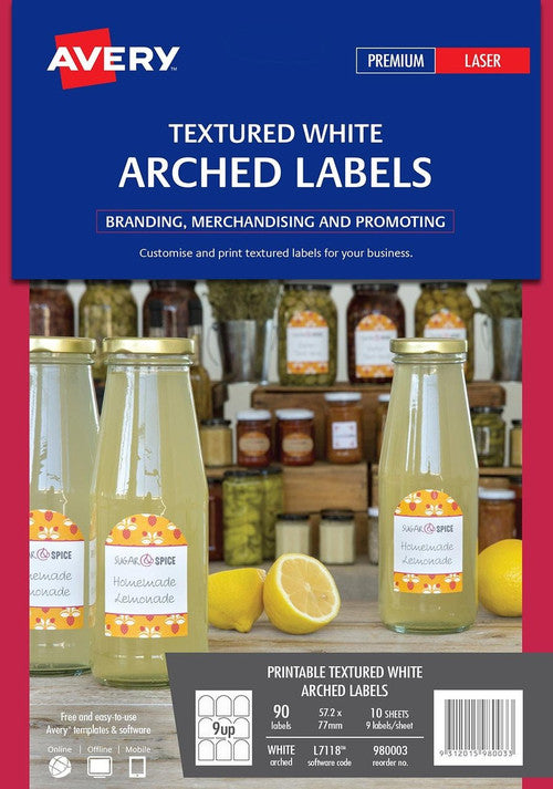 Avery Textured White Arched Labels L7118 90 Pack 57.2 x 77mm 9UP