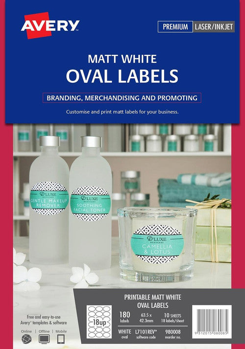 Avery White Oval Removable Product Labels L7101REV 180 Pack 63.5 x 42.3mm 18UP