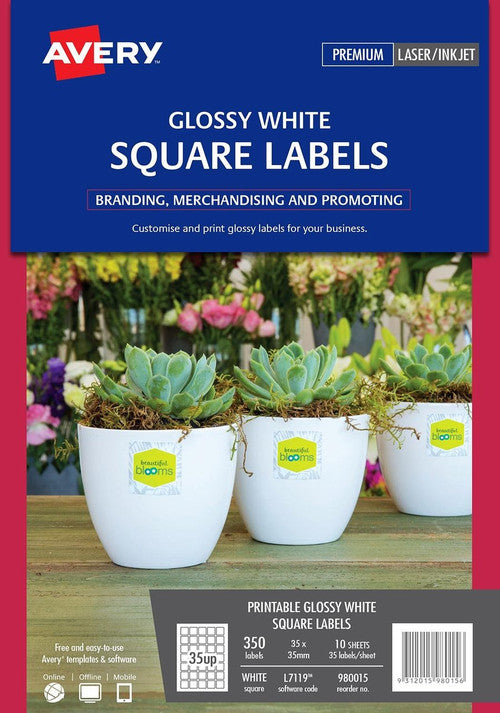 Avery Glossy White Square Product Labels L7119 350 Pack 35 x 35mm 35UP