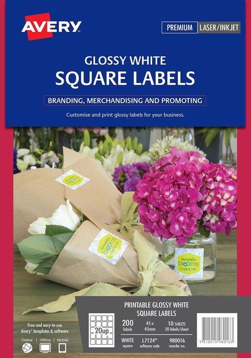 Avery Glossy White Square Product Labels L7124 200 Pack 45 x 45mm 20UP