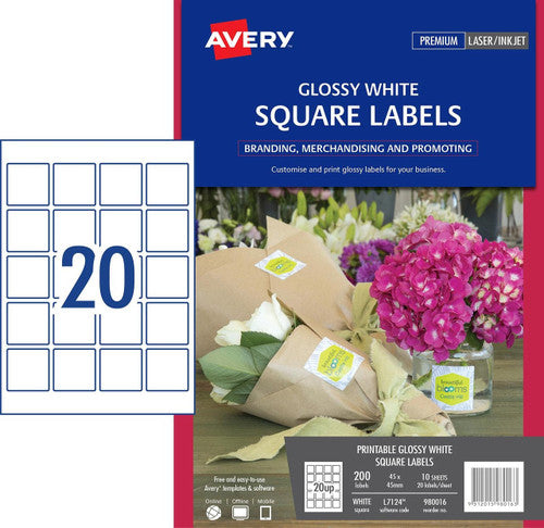 Avery Glossy White Square Product Labels L7124 200 Pack 45 x 45mm 20UP