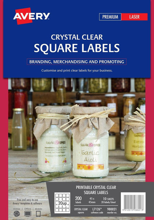 Avery Crystal Clear Square Product Labels L7126 200 Pack 45 x 45mm 20UP