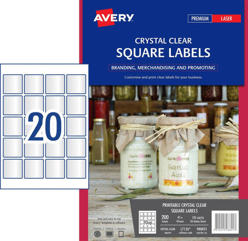 Avery Crystal Clear Square Product Labels L7126 200 Pack 45 x 45mm 20UP