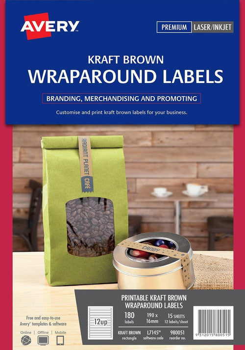 Avery Kraft Brown Wraparound Labels L7145 180 Pack 190 x 16mm 12UP