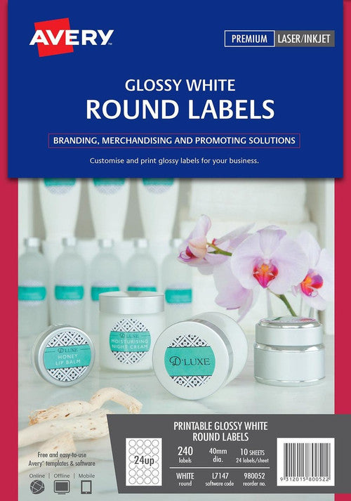 Avery Printable Glossy White Round Labels L7147 240 Pack 40mm 24UP