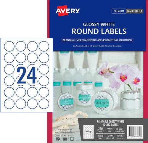 Avery Printable Glossy White Round Labels L7147 240 Pack 40mm 24UP