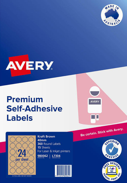 Avery Kraft Brown Round Labels L7304 15 Pack 40mm Diameter 24UP