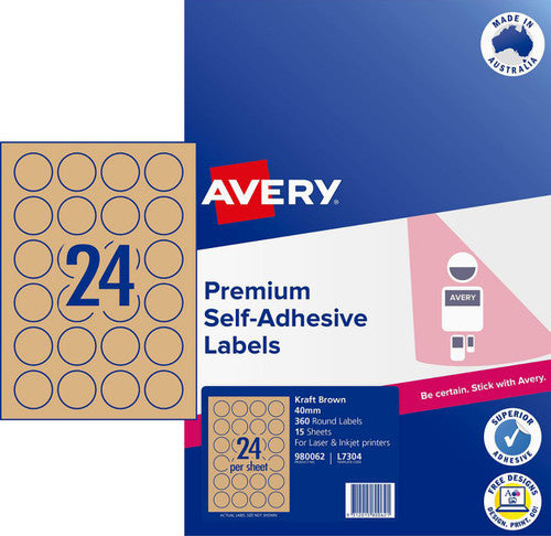 Avery Kraft Brown Round Labels L7304 15 Pack 40mm Diameter 24UP