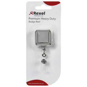 Rexel Premium Heavy Duty Badge Reel in its retail blister card, showing the square chrome reel with a clear strap and press stud