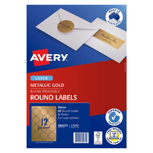 Avery Gold Round Labels L7217 5 Pack 60mm Diameter 12UP
