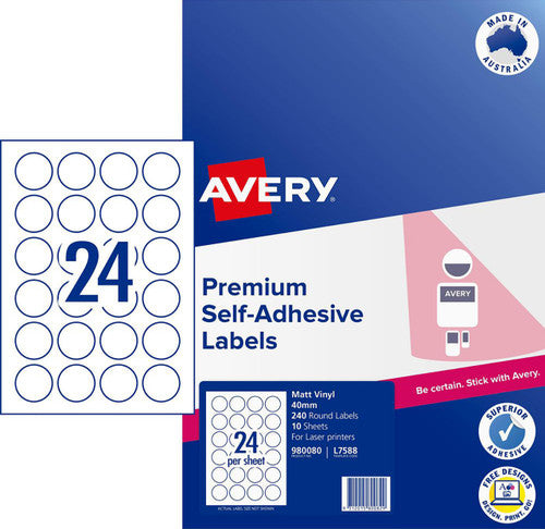 Avery Durable Round Labels L7588 10 Pack 40mm Diameter 24UP