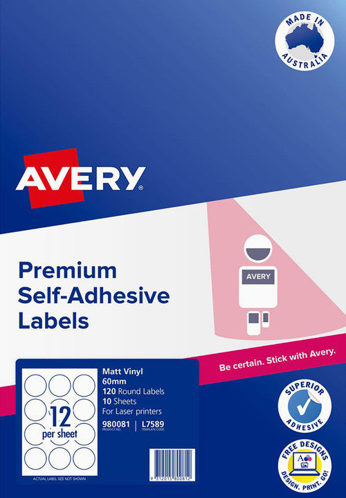 Avery Durable Round Labels L7589 10 Pack 60mm Diameter 12UP