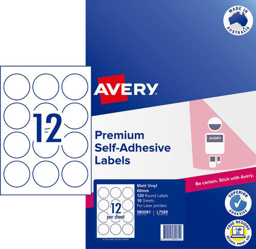 Avery Durable Round Labels L7589 10 Pack 60mm Diameter 12UP