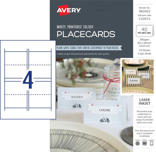 Avery Folded Place Cards C32073 40 Pack 85 x 50mm 4UP